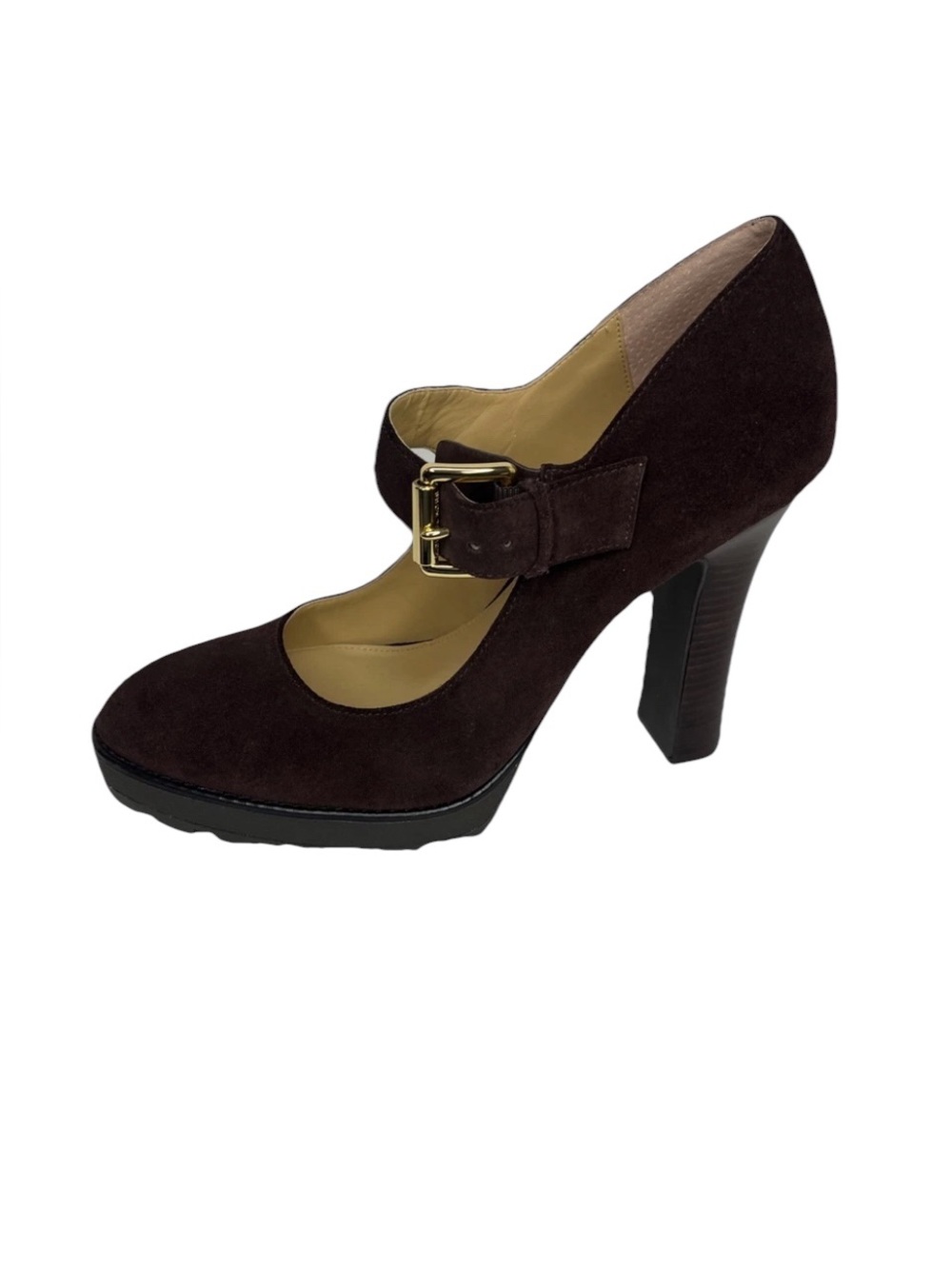 Michael Kors Dark Brown Suede  Mary Jane High Heel with gold buckle tag size 6